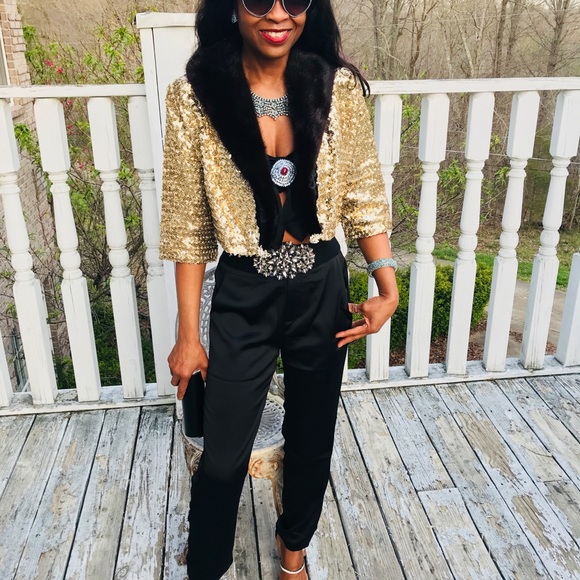 gold sequin IJ Fox sable brown mink fur jacket S-M - Picture 2 of 8